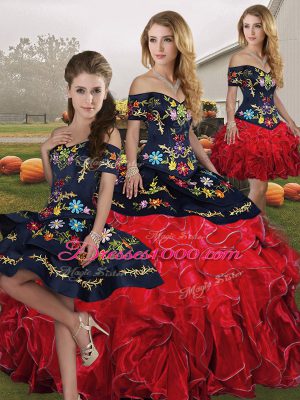 Off The Shoulder Sleeveless Organza Quinceanera Gowns Embroidery and Ruffles Lace Up