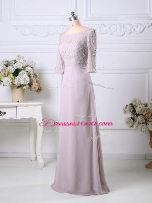 3 4 Length Sleeve Chiffon Floor Length Zipper in Pink with Beading and Embroidery