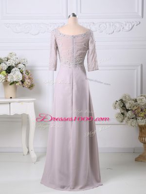 3 4 Length Sleeve Chiffon Floor Length Zipper in Pink with Beading and Embroidery