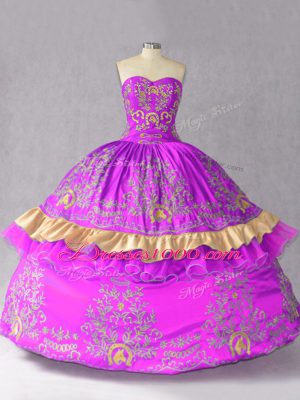 Fitting Purple Ball Gowns Satin and Organza Sweetheart Sleeveless Embroidery and Bowknot Floor Length Lace Up Sweet 16 Quinceanera Dress