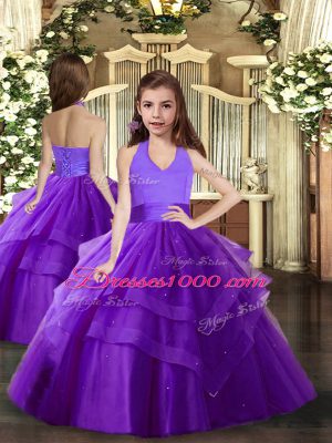 Fashionable Purple Tulle Lace Up Halter Top Sleeveless Floor Length Little Girl Pageant Gowns Ruffled Layers