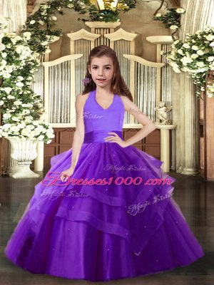 Fashionable Purple Tulle Lace Up Halter Top Sleeveless Floor Length Little Girl Pageant Gowns Ruffled Layers