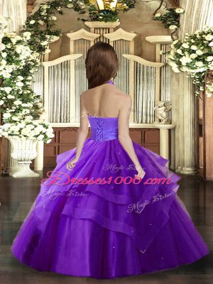 Fashionable Purple Tulle Lace Up Halter Top Sleeveless Floor Length Little Girl Pageant Gowns Ruffled Layers