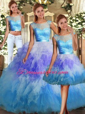 Custom Design Three Pieces Sweet 16 Dresses Multi-color Scoop Tulle Sleeveless Floor Length Backless