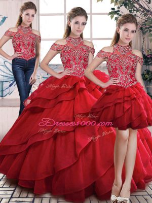 Red High-neck Lace Up Beading and Ruffles Quinceanera Dress Sleeveless