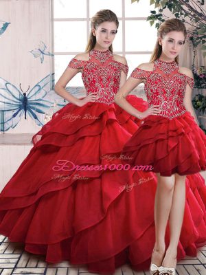 Red High-neck Lace Up Beading and Ruffles Quinceanera Dress Sleeveless