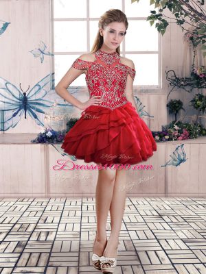 Red High-neck Lace Up Beading and Ruffles Quinceanera Dress Sleeveless