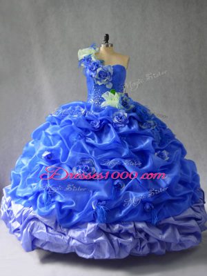 Floor Length Lace Up Quinceanera Dresses Blue for Sweet 16 and Quinceanera with Pick Ups and Hand Made Flower