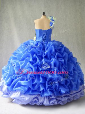 Floor Length Lace Up Quinceanera Dresses Blue for Sweet 16 and Quinceanera with Pick Ups and Hand Made Flower