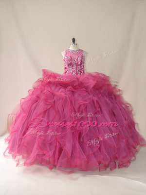 Luxury Tulle Sleeveless Ball Gown Prom Dress Brush Train and Beading and Ruffles