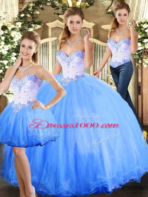 Custom Designed Blue Sleeveless Tulle Lace Up Ball Gown Prom Dress for Sweet 16 and Quinceanera