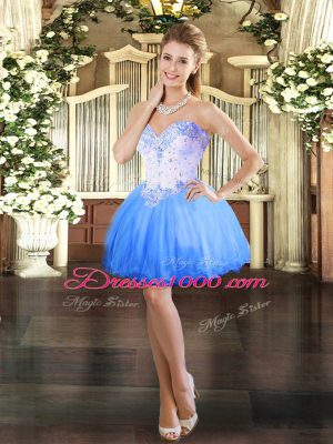 Custom Designed Blue Sleeveless Tulle Lace Up Ball Gown Prom Dress for Sweet 16 and Quinceanera