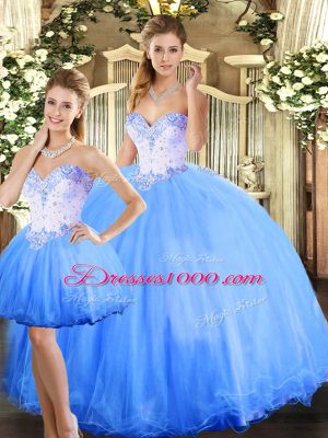 Custom Designed Blue Sleeveless Tulle Lace Up Ball Gown Prom Dress for Sweet 16 and Quinceanera