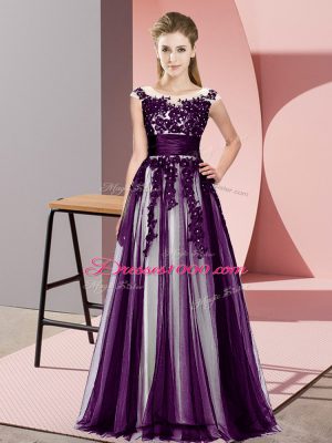 Spectacular Dark Purple Empire Tulle Scoop Sleeveless Beading and Lace Floor Length Zipper Dama Dress for Quinceanera