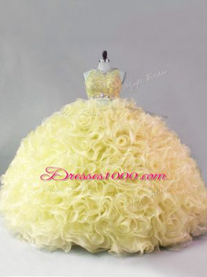 Traditional Scoop Sleeveless 15th Birthday Dress Floor Length Beading Yellow Fabric With Rolling Flowers