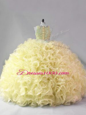 Traditional Scoop Sleeveless 15th Birthday Dress Floor Length Beading Yellow Fabric With Rolling Flowers