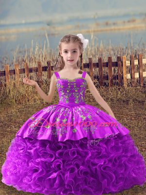 New Style Lilac Child Pageant Dress Wedding Party with Embroidery Straps Sleeveless Sweep Train Lace Up