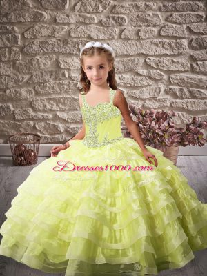 Yellow Green Sleeveless Brush Train Beading and Ruffled Layers Little Girls Pageant Gowns