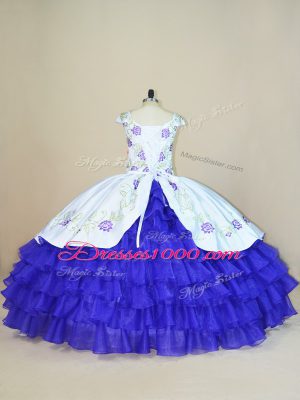 High Class White And Purple Cap Sleeves Satin and Organza Lace Up 15 Quinceanera Dress for Sweet 16 and Quinceanera