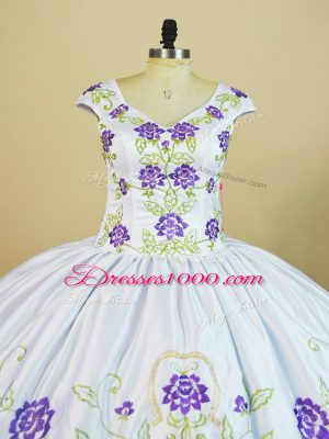 High Class White And Purple Cap Sleeves Satin and Organza Lace Up 15 Quinceanera Dress for Sweet 16 and Quinceanera