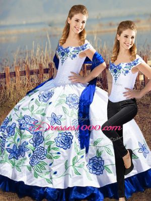 Most Popular Sleeveless Satin Floor Length Lace Up Quince Ball Gowns in Blue And White with Embroidery