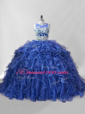 Inexpensive Sleeveless Beading and Ruffles Zipper Quinceanera Gowns with Blue Brush Train