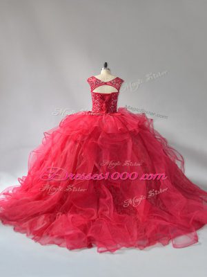 Wine Red Quinceanera Dresses Organza Brush Train Sleeveless Beading and Ruffles