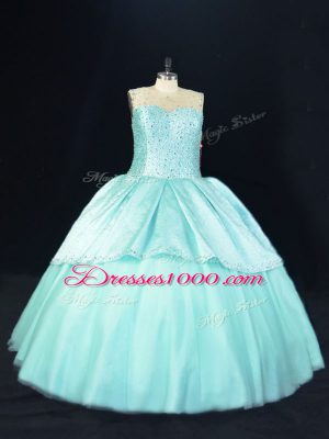 Great Beading Quinceanera Gowns Aqua Blue Lace Up Sleeveless Floor Length