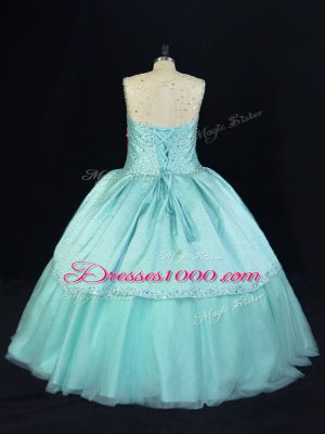 Great Beading Quinceanera Gowns Aqua Blue Lace Up Sleeveless Floor Length