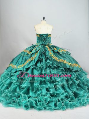 Beauteous Turquoise Sleeveless Embroidery and Ruffled Layers Lace Up Quinceanera Dresses