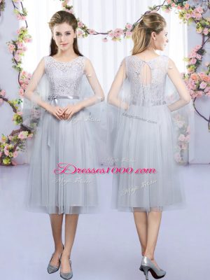 Spectacular Grey Sleeveless Lace and Belt Tea Length Bridesmaid Dresses
