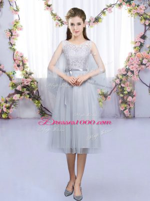 Spectacular Grey Sleeveless Lace and Belt Tea Length Bridesmaid Dresses