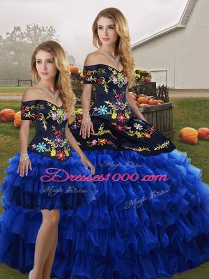 Blue And Black Three Pieces Organza Off The Shoulder Sleeveless Embroidery and Ruffled Layers Floor Length Lace Up Quinceanera Dresses