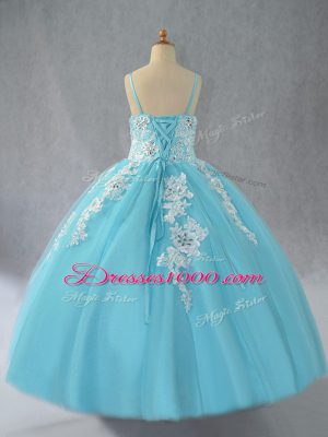 Beauteous Aqua Blue Sleeveless Tulle Lace Up Little Girl Pageant Gowns for Wedding Party