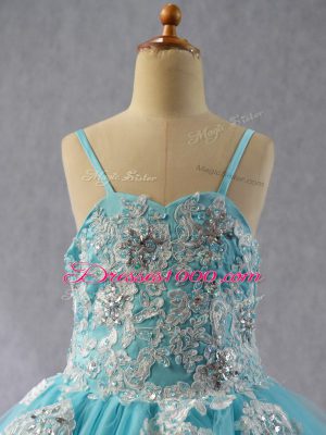 Beauteous Aqua Blue Sleeveless Tulle Lace Up Little Girl Pageant Gowns for Wedding Party