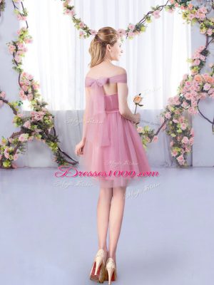 Pink A-line Off The Shoulder Sleeveless Tulle Mini Length Lace Up Belt Quinceanera Court Dresses