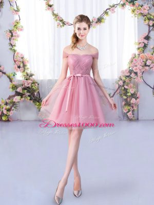 Pink A-line Off The Shoulder Sleeveless Tulle Mini Length Lace Up Belt Quinceanera Court Dresses