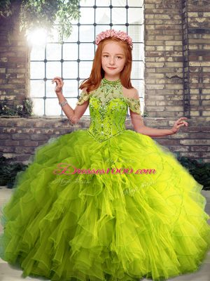 Beading and Ruffles Pageant Dress Toddler Yellow Green Lace Up Sleeveless Floor Length