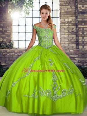 Pretty Green Tulle Lace Up Off The Shoulder Sleeveless Floor Length Sweet 16 Dresses Beading and Embroidery