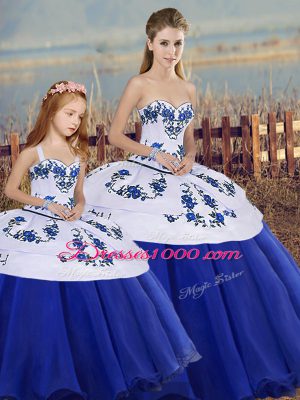 Royal Blue Ball Gowns Tulle Sweetheart Sleeveless Embroidery and Bowknot Floor Length Lace Up 15th Birthday Dress