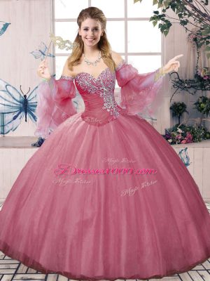 Pink Sleeveless Floor Length Beading and Ruching Lace Up Sweet 16 Dresses