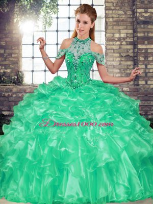 Superior Turquoise Ball Gowns Organza Halter Top Sleeveless Beading and Ruffles Floor Length Lace Up Quinceanera Dress