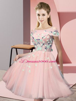 Top Selling Pink Tulle Lace Up Off The Shoulder Short Sleeves Knee Length Quinceanera Court Dresses Appliques