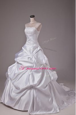 Lovely White Taffeta Lace Up Wedding Gowns Sleeveless Brush Train Embroidery and Pick Ups