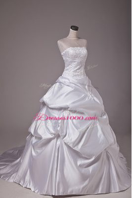 Lovely White Taffeta Lace Up Wedding Gowns Sleeveless Brush Train Embroidery and Pick Ups