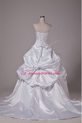 Lovely White Taffeta Lace Up Wedding Gowns Sleeveless Brush Train Embroidery and Pick Ups