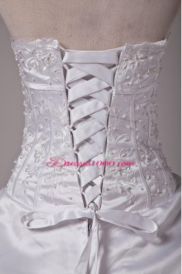 Lovely White Taffeta Lace Up Wedding Gowns Sleeveless Brush Train Embroidery and Pick Ups