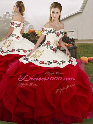 Chic White And Red Quinceanera Gowns Military Ball and Sweet 16 and Quinceanera with Embroidery and Ruffles Off The Shoulder Sleeveless Lace Up