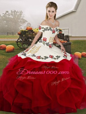 Chic White And Red Quinceanera Gowns Military Ball and Sweet 16 and Quinceanera with Embroidery and Ruffles Off The Shoulder Sleeveless Lace Up