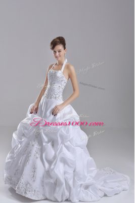 Inexpensive White Taffeta Lace Up Halter Top Sleeveless Wedding Dress Brush Train Beading and Embroidery and Pick Ups